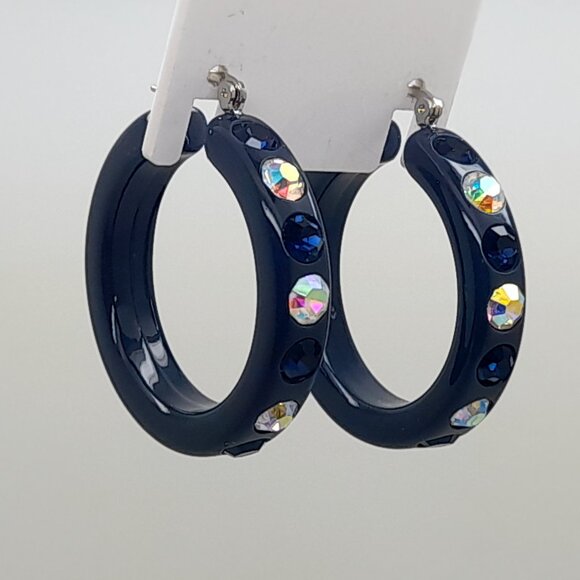 Dark blue Lucite Acrylic wide 1.5 Hoop dk blue & ab  Latch back Fashion Earrings - Picture 3 of 4